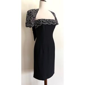 Vintage 80s Victor Costa Dress Black White Lace Open Back Bow Shrug Sleeves Sz 6